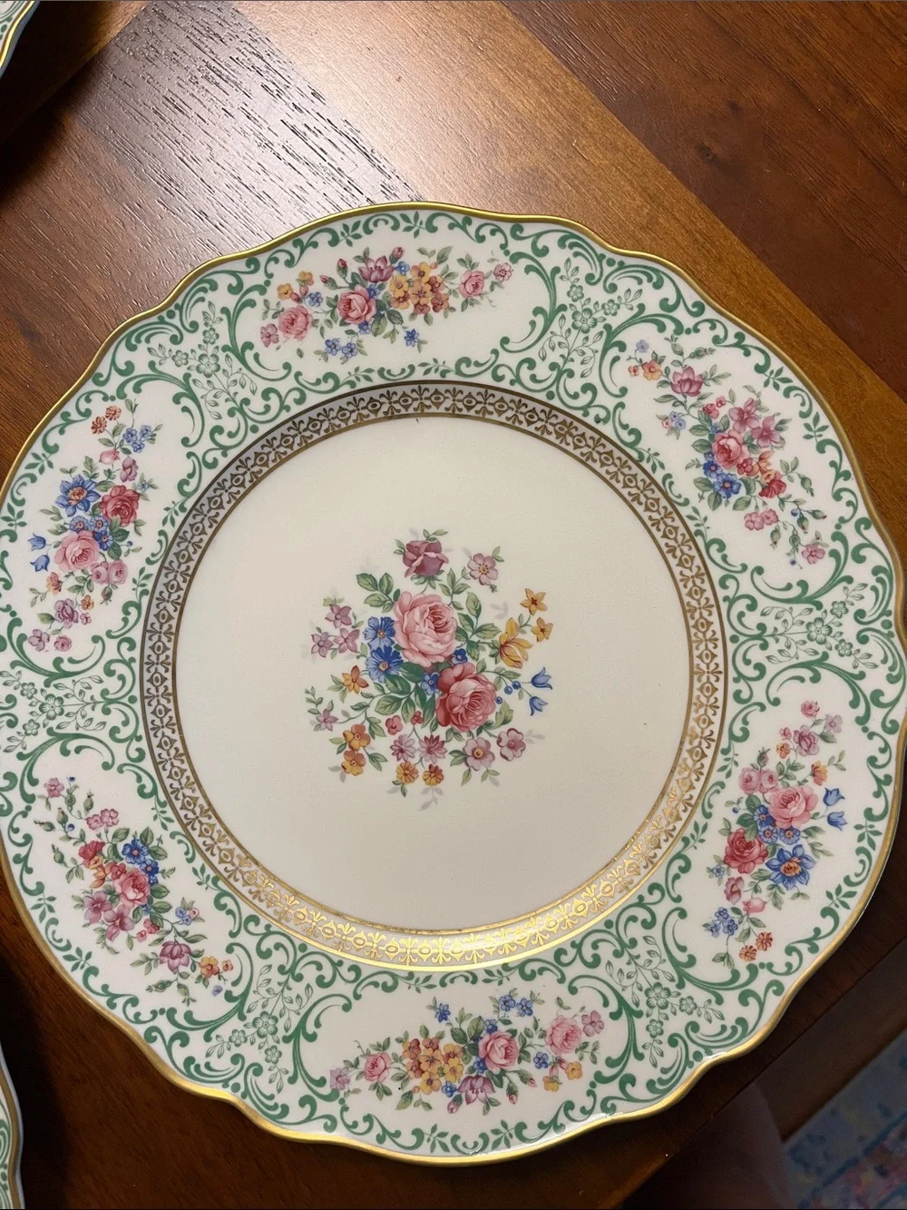 Classic Floral Dinner Plates – Green & Pink Pattern (Set of 4), vintage, bavaria